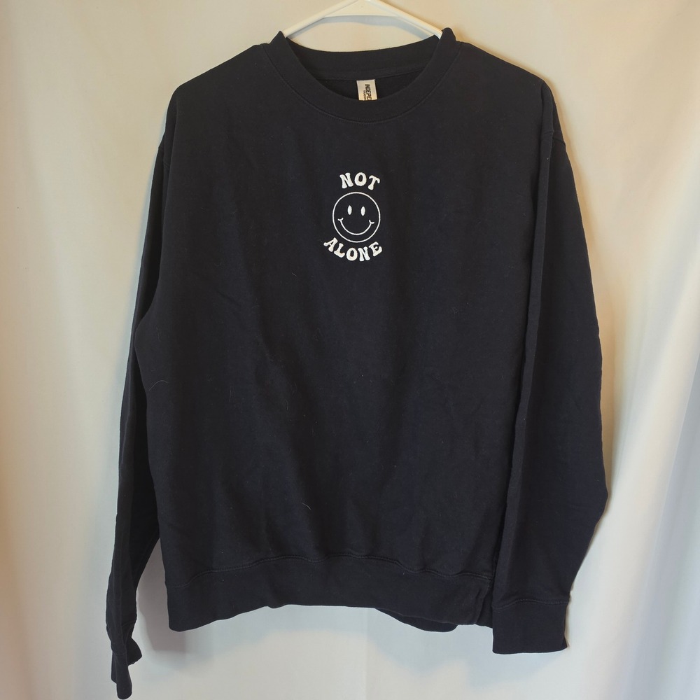 Sweatshirt M Black Not Alone Smiley Face Streetwear Embroidered Grunge Oversized